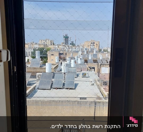 רשת נגד יונים על חלון עם נוף עירוני